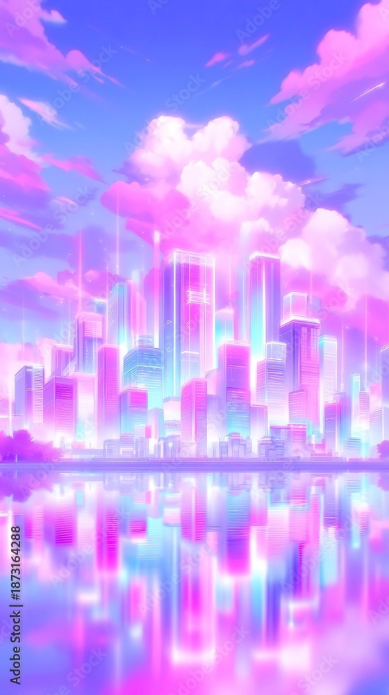 Fototapeta premium Futuristic Cityscape in Vibrant Hues, a dazzling skyline showcasing radiant blue and purple lights mirrored on serene waters, capturing the essence of city pop aesthetics.