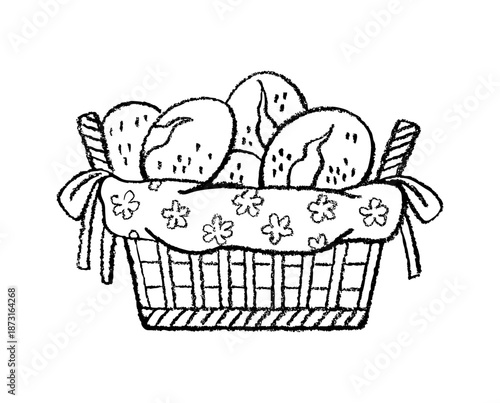 Basket with bread, pastry bakery illustration. Bread basket sketch drawing. Doodle loaf vintage outline pattern. Italian bakery chalk brush pencil or crayon art. Homemade wheat bun. Italian brunch png