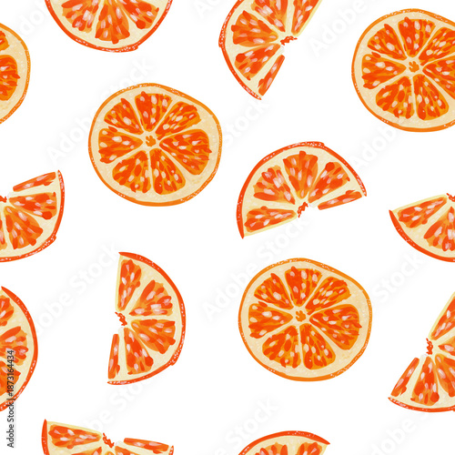 Seamless Gouache Orange Slice Pattern on Transparent Background, Citrus Fruit Tangerine and Clementine Segments, Hand-drawn Botanical Illustration for Wrapping Paper, Fabric and Stationery