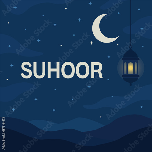 Suhoor night scene with crescent moon, lantern, clouds and Islamic hills