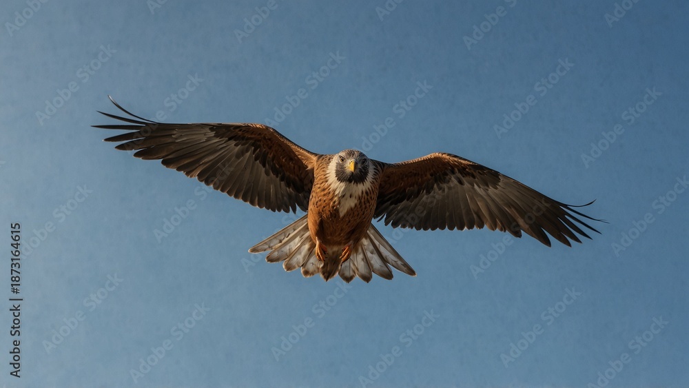 Fototapeta premium Bird of prey soaring with wings spread against blue sky
