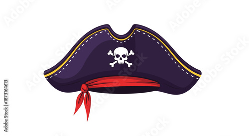 A classic cartoon pirate tricorn hat in dark purple with a red bandana and a white skull and crossbones insignia on the front.