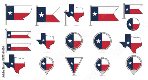 Collection of Texas state flags shown in different shapes and styles including map outlines pins and traditional banners isolated on white.