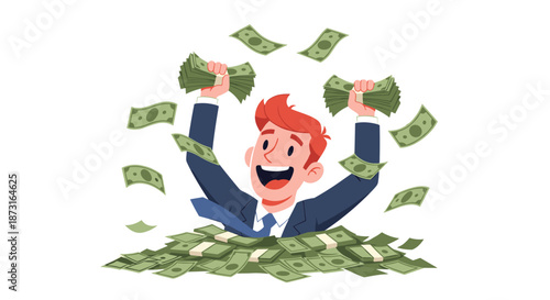 An overjoyed cartoon businessman in a suit is celebrating while sitting in a massive pile of money with cash flying all around him.