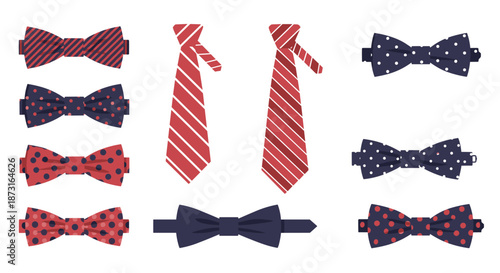 A collection of colorful bow ties and neckties with various patterns including stripes and polka dots isolated on a white background.