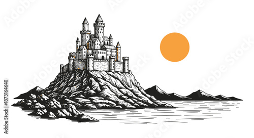 A detailed vintage-style engraving of a majestic medieval castle perched on a rocky cliff by the sea with a large sun in the sky.