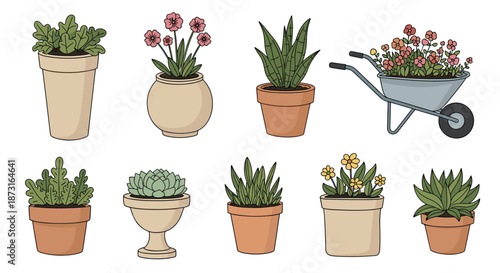 A charming hand-drawn collection of various potted plants flowers and a wheelbarrow filled with blossoms isolated on a clean white background.