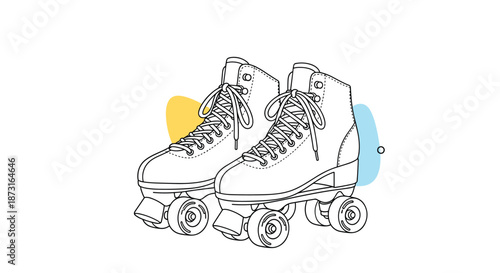 A stylish line art illustration of a pair of classic quad roller skates with colorful abstract shapes in the background for a modern feel.