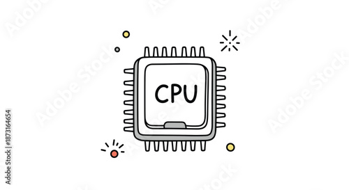 A simple and cute doodle-style illustration of a computer CPU microchip with sparkles around it isolated on a white background.