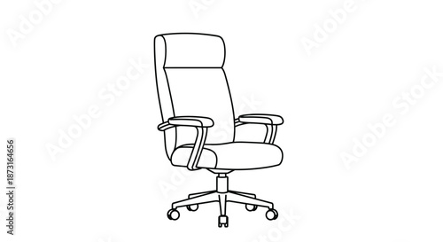 A minimalist black and white line art illustration of a modern ergonomic office chair with a high back armrests and caster wheels.