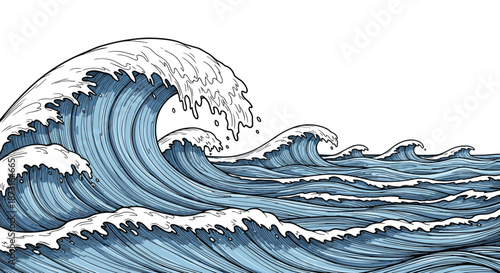 A powerful and dynamic ocean wave rendered in a beautiful vintage Japanese woodcut style with detailed lines and sea foam.