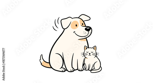 An adorable cartoon illustration of a happy friendly dog sitting next to a small sleeping cat showing a heartwarming friendship.