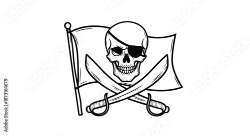 A hand-drawn sketch of a pirate flag or Jolly Roger featuring a skull with an eyepatch and two crossed sabers behind it.