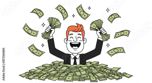 A joyful businessman in a hand-drawn style illustration is shown celebrating in a large pile of money with cash flying around.