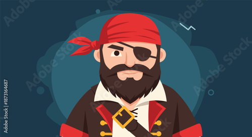A modern flat design illustration of a pirate captain with a beard eyepatch and red bandana set against a dark blue background.