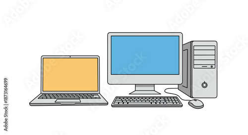 A side-by-side illustration of a modern laptop computer and a complete desktop computer setup with a monitor tower keyboard and mouse.