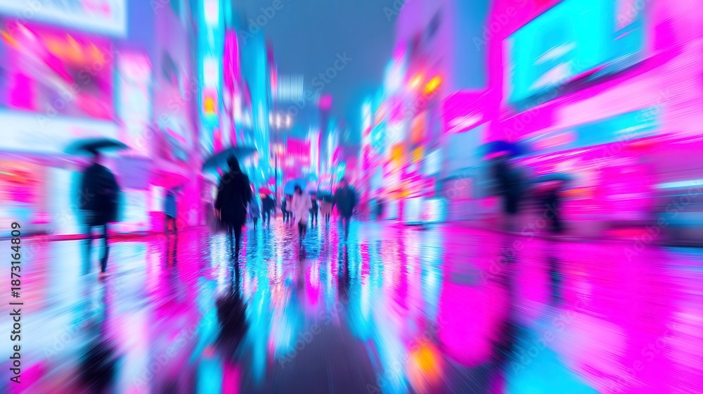 Fototapeta premium Vibrant Rainy Cityscape, an enchanting urban scene with shimmering neon reflections, soft silhouettes gliding through the rain, evoking a sense of dynamic tranquility.