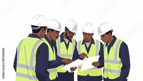 Five diverse construction workers in hard hats and safety vests reviewing blueprints, discussing plans on a job site.