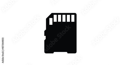 A simple and bold black silhouette icon of a micro SD memory card used for digital data storage in various electronic devices.