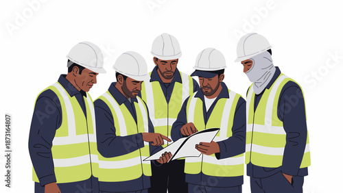 Five construction workers in hard hats and high-visibility vests reviewing plans on a job site.