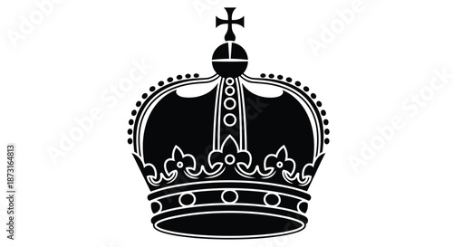 A bold and elegant black silhouette of a classic royal crown with intricate details and a cross on the very top of the design.