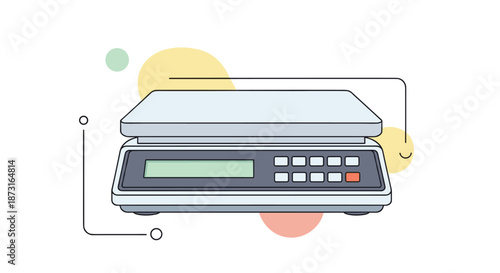 A modern flat design illustration of a digital electronic weighing scale with an LCD screen and keypad surrounded by colorful circles.