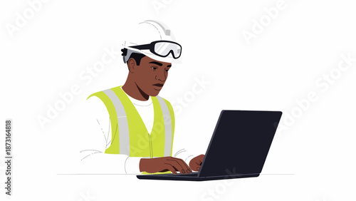 A man in safety gear, including a hard hat, goggles, and high-visibility vest, diligently typing on a black laptop against a clean white background.