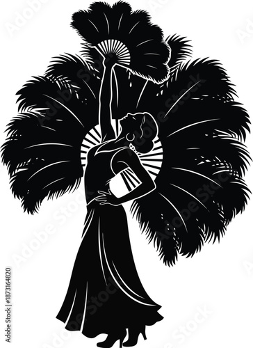 Silhouette of a glamorous cabaret dancer wearing a long gown holding an elaborate feathered hand fan overhead dramatically