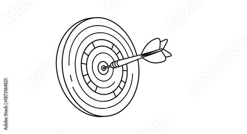 A simple black and white line art drawing of a dart hitting the bullseye in the center of a circular dartboard target.