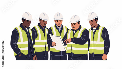 Five construction workers or engineers in hard hats and high-visibility vests discussing plans on a job site.