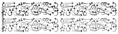 Hand-drawn vector arrow in Different style. Scribble zigzag doodle arrow direction sign. Editable line art arrow textures mixing crayon and chalk dust pattern