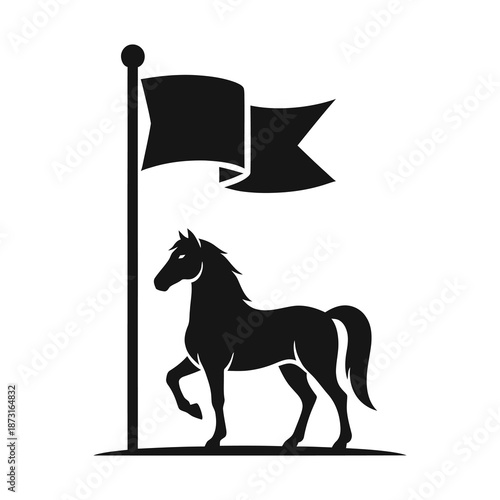 A horse running beside a flagpole with a waving banner