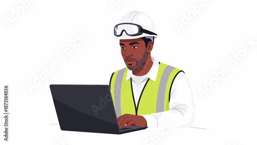 A focused shot of a male construction worker wearing safety gear and using a laptop computer.