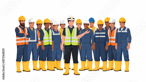 Diverse group of construction workers and a supervisor standing together, wearing safety gear and work uniforms on a white background.