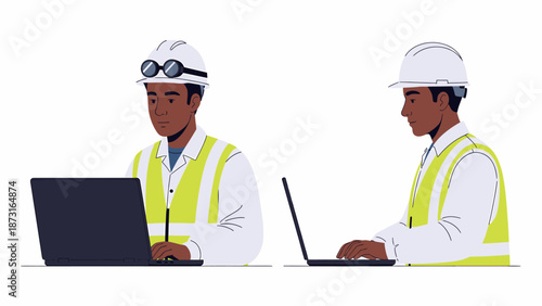 Two male engineers in hard hats and safety vests working on laptops.