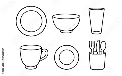 Simple line art illustration of various tableware items on a white background