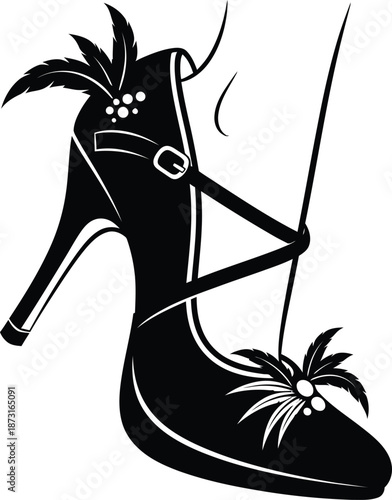 Stylized black and white graphic depiction of an elegant high heel shoe adorned with delicate feathers and intricate strapping detail