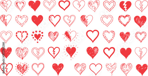 Hand-drawn heart collection with broken shapes for Valentine’s Day and love themed designs.
