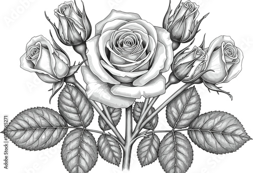 Beautiful vintage black and white engraving illustration of a blooming rose flower bouquet with multiple buds and leaves on white background