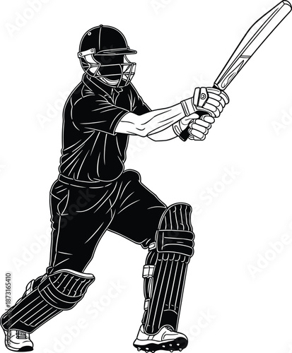 Detailed black and white vector illustration of a professional cricket player batsman wearing a helmet and protective pads hitting ball
