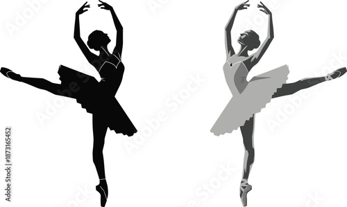 Elegant black and grey vector silhouettes of a beautiful ballerina performing a graceful ballet dance pose on a white background