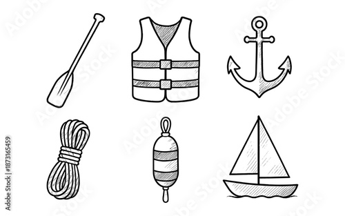 Nautical icons collection: paddle, life vest, anchor, rope, buoy, and sailboat