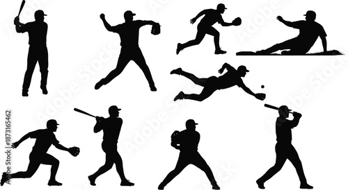 Baseball players silhouettes set, professional athletes batting, pitching, throwing, running, sliding and catching ball action poses, athletic sports competition vector graphics, white background