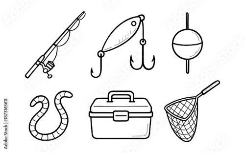 Collection of hand-drawn fishing equipment icons on a white background