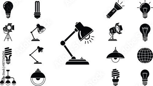 Black icons of lamps and light bulbs, set of lighting fixtures including desk lamps, spotlights, flashlights, and chandeliers, isolated on white background, vector