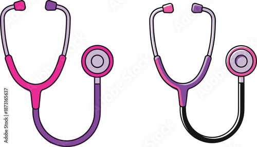 Vector illustration of two modern medical stethoscopes in vibrant pink and purple colors isolated on a white background for healthcare design
