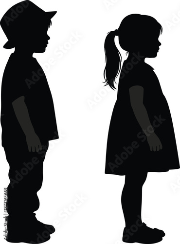 Black silhouette of a young boy wearing a hat and a girl in a dress with a ponytail standing, childhood, children, youth, siblings, offspring, progeny, offspring, family, 