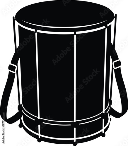 Simple black and white graphic illustration of a standing cylindrical drum featuring an adjustable shoulder strap isolated on white.