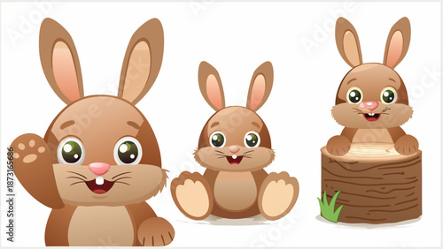 Cute cartoon bunnies in playful poses on white background