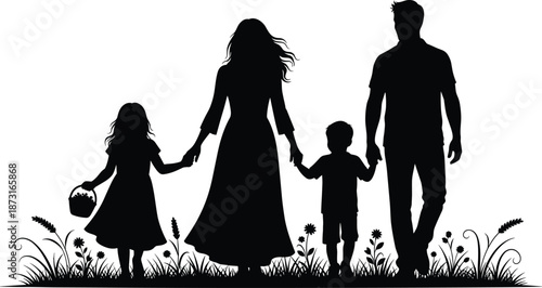 Black silhouettes of a happy family with two children walking through a meadow with flowers and grass, isolated on white background, vecto